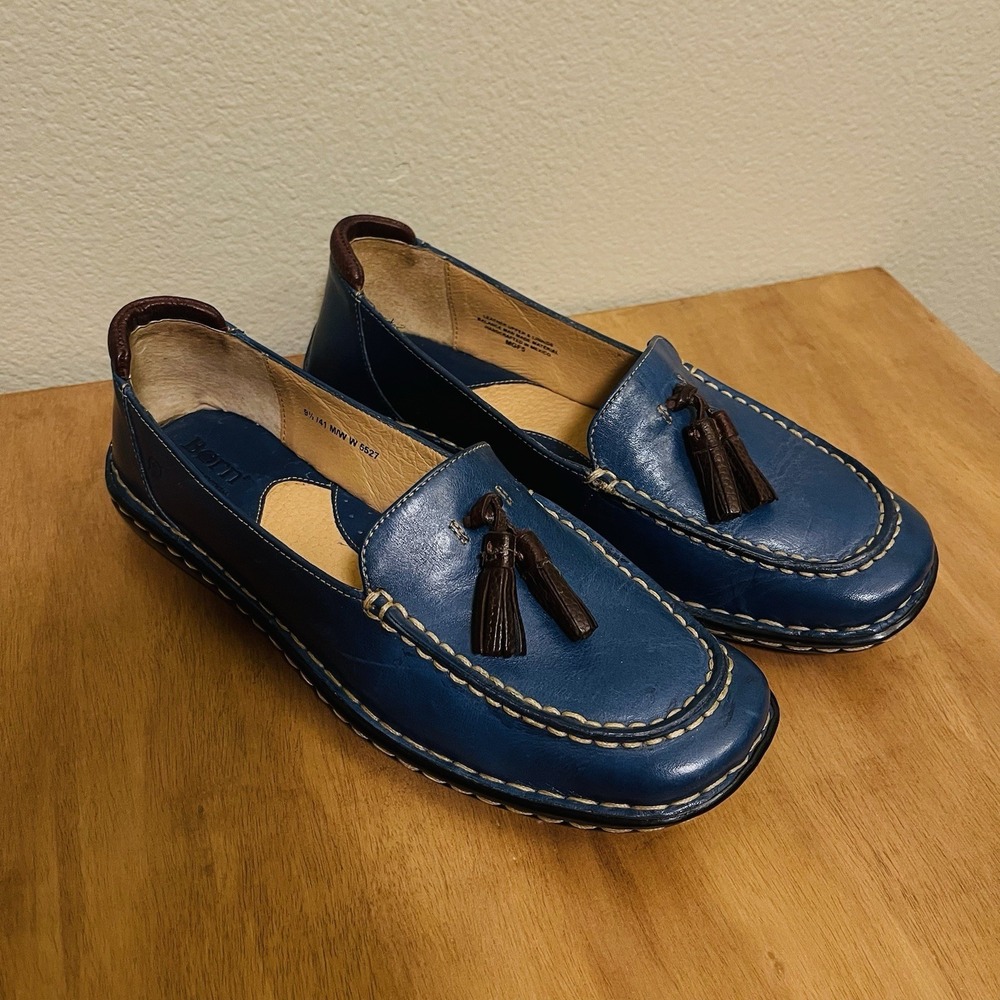 Born‎ Handcrafted Leather Tassel Loafers Blue Brown Nautical Men's Size 9.5 EUC